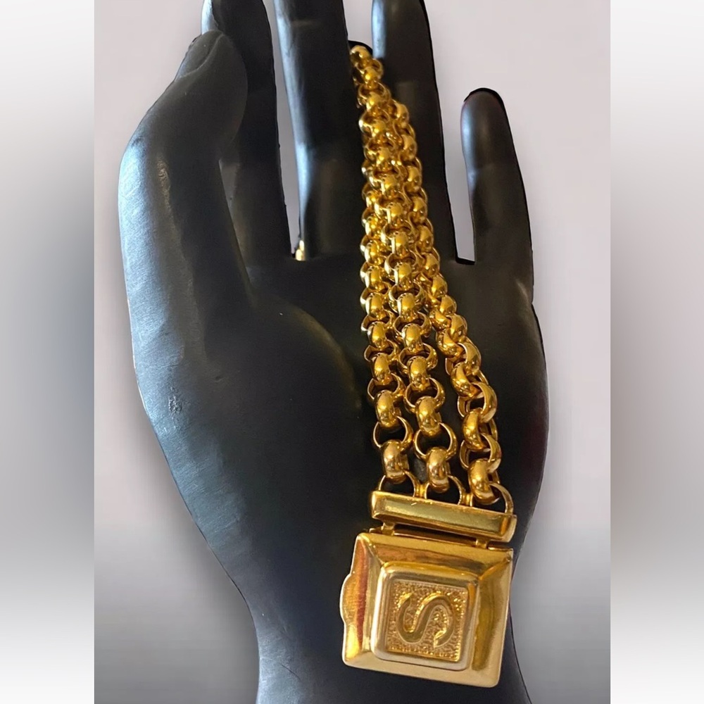 Spectacular CUSTOM Vintage 14K SOLID Gold LOCKET Initial S Triple Rolo Bracelet - Picture 14 of 16